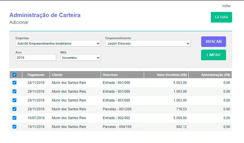 Tela: Administração de Carteira Tela: Administração de Carteira