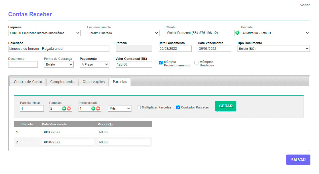 Tela: Contas a Receber Tela: Contas a Receber