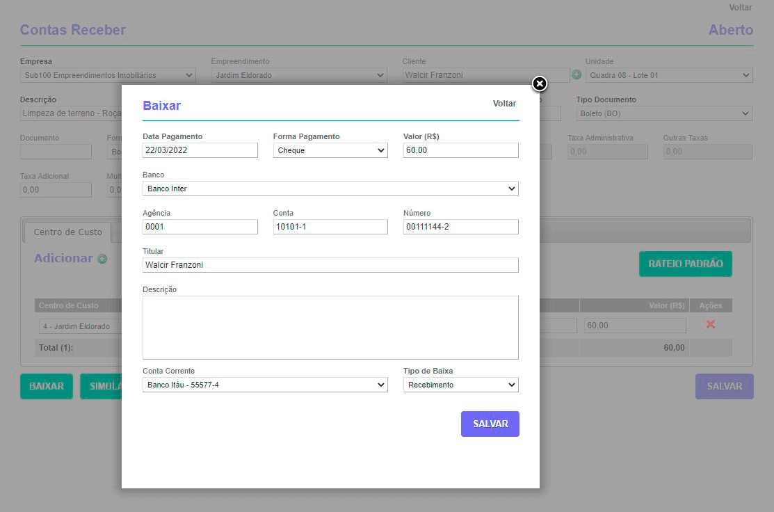 Tela: Contas a Receber Tela: Contas a Receber
