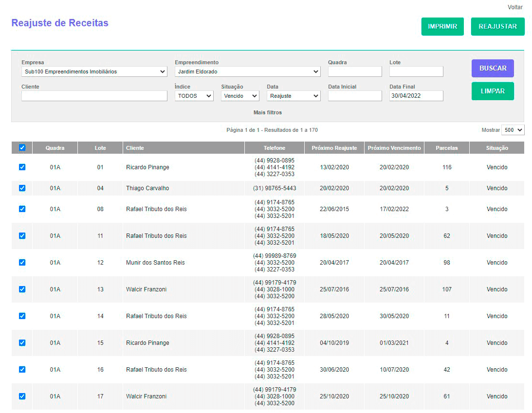 Tela: Reajuste de Receitas Tela: Reajuste de Receitas