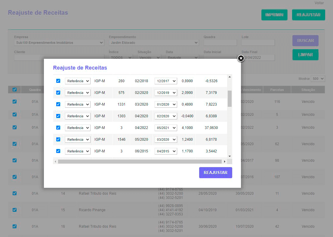 Tela: Reajuste de Receitas Tela: Reajuste de Receitas