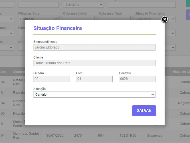 Tela: Controle de cobrança Tela: Controle de cobrança