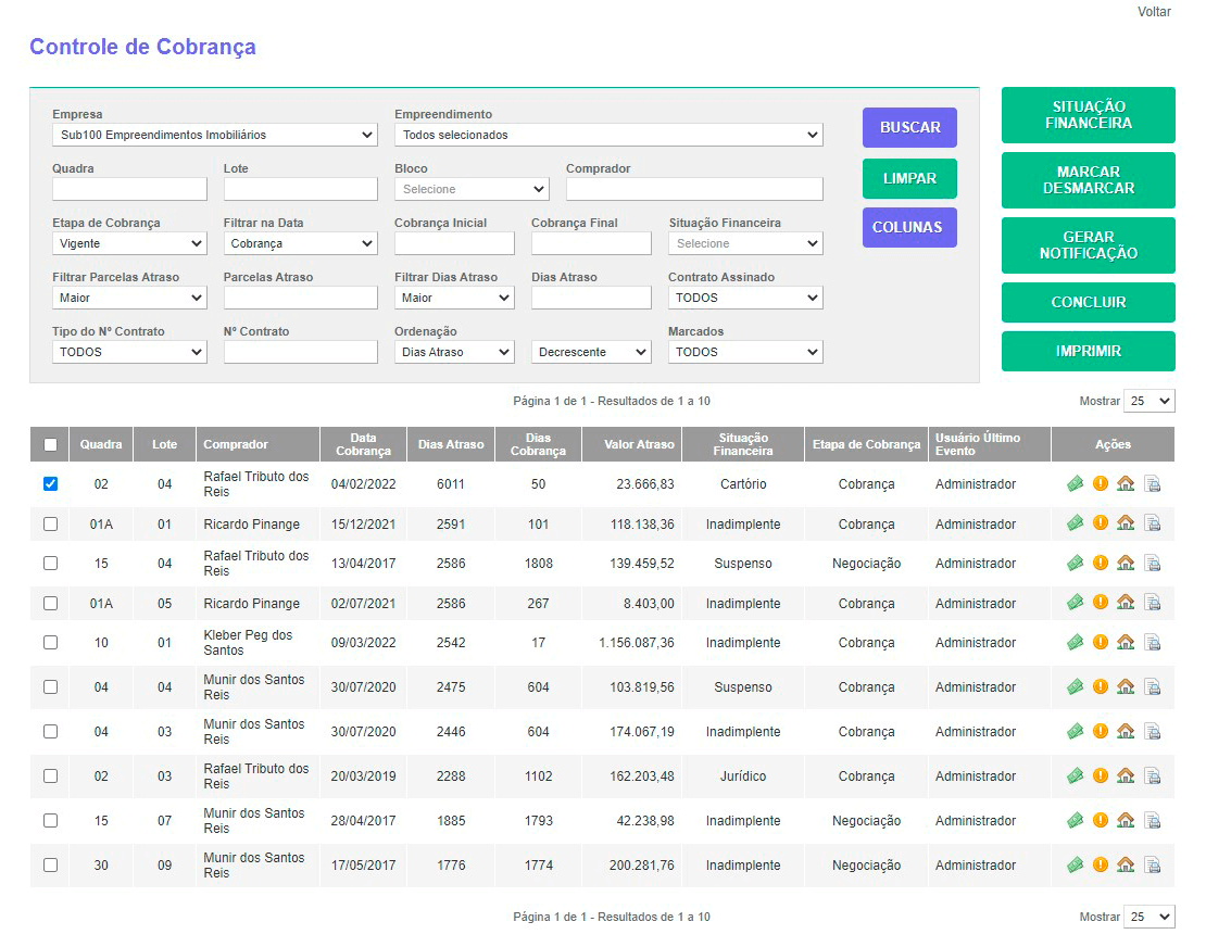Tela: Controle de cobrança Tela: Controle de cobrança