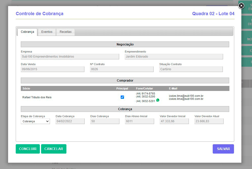 Tela: Controle de cobrança Tela: Controle de cobrança