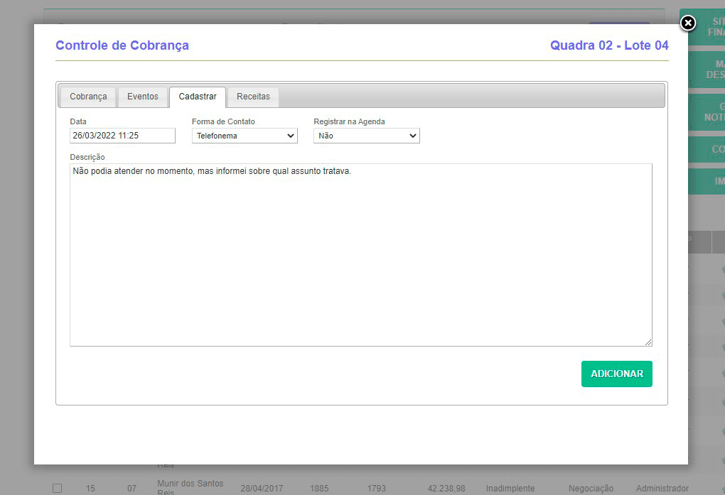Tela: Controle de cobrança Tela: Controle de cobrança