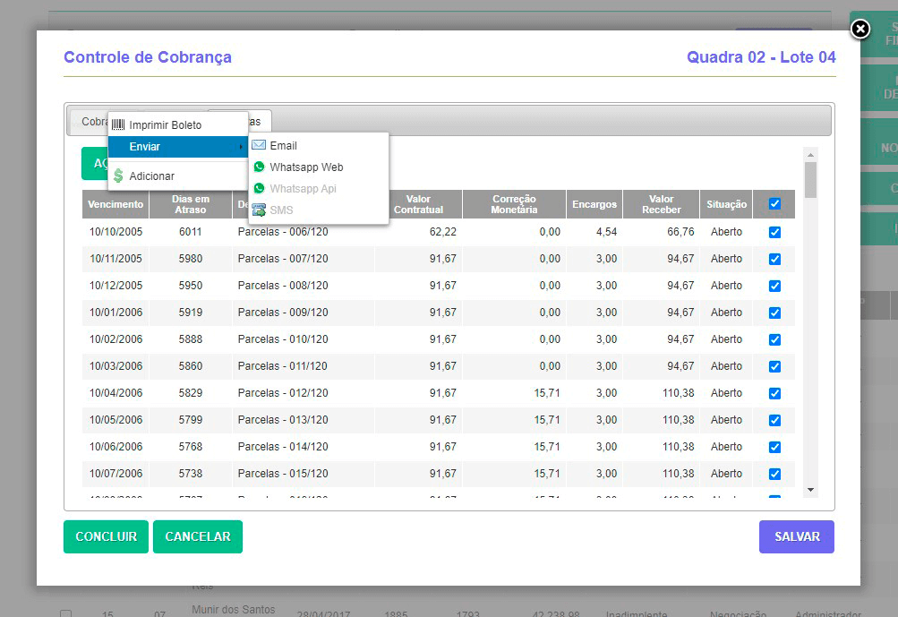 Tela: Controle de cobrança Tela: Controle de cobrança