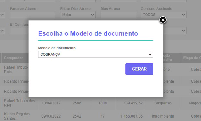 Tela: Notificações de cobrança Tela: Notificações de cobrança