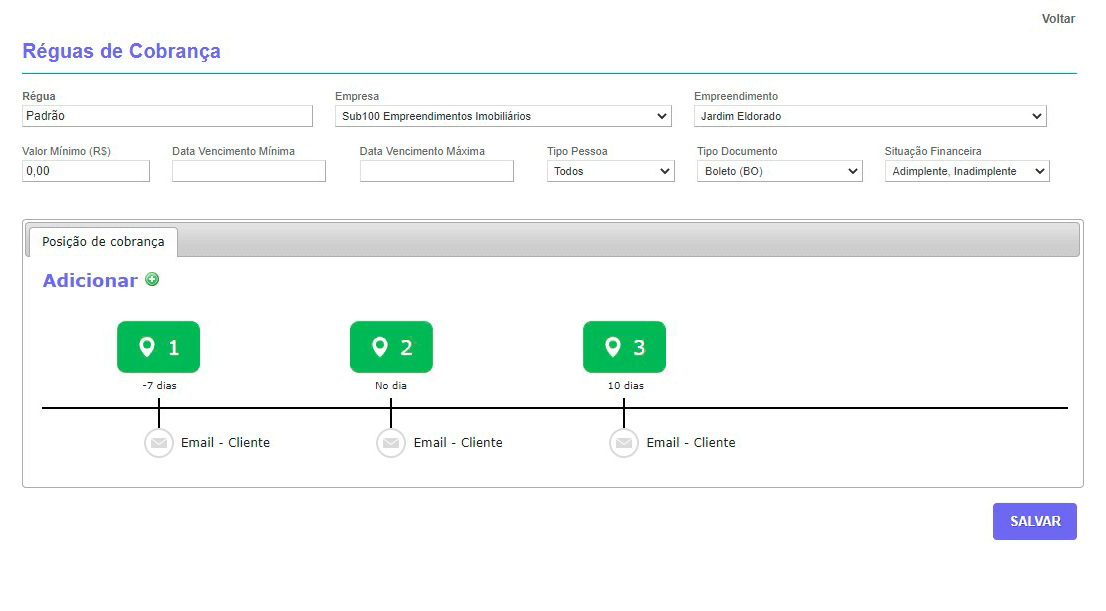 Tela: Régua de cobrança Tela: Régua de cobrança