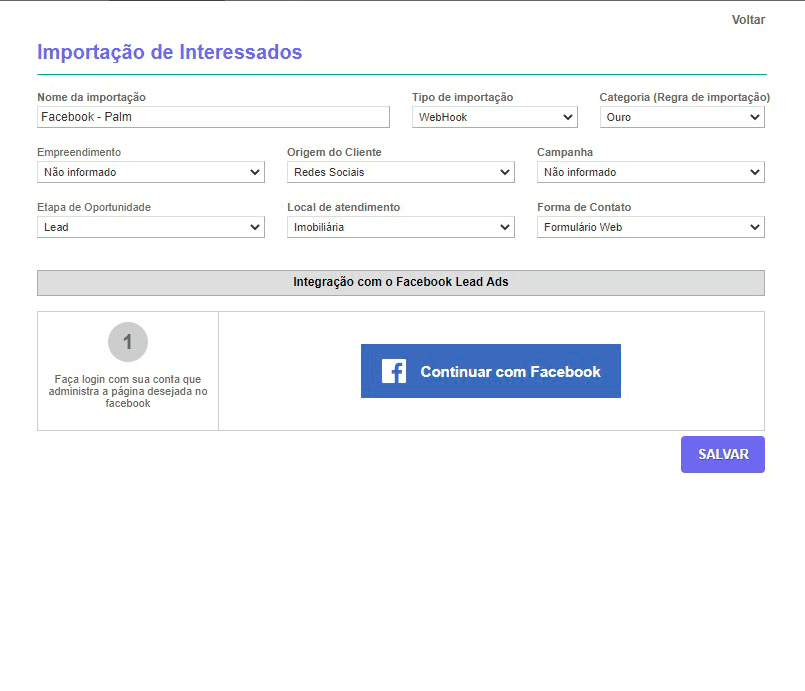 Tela: Integração de leads Tela: Integração de leads