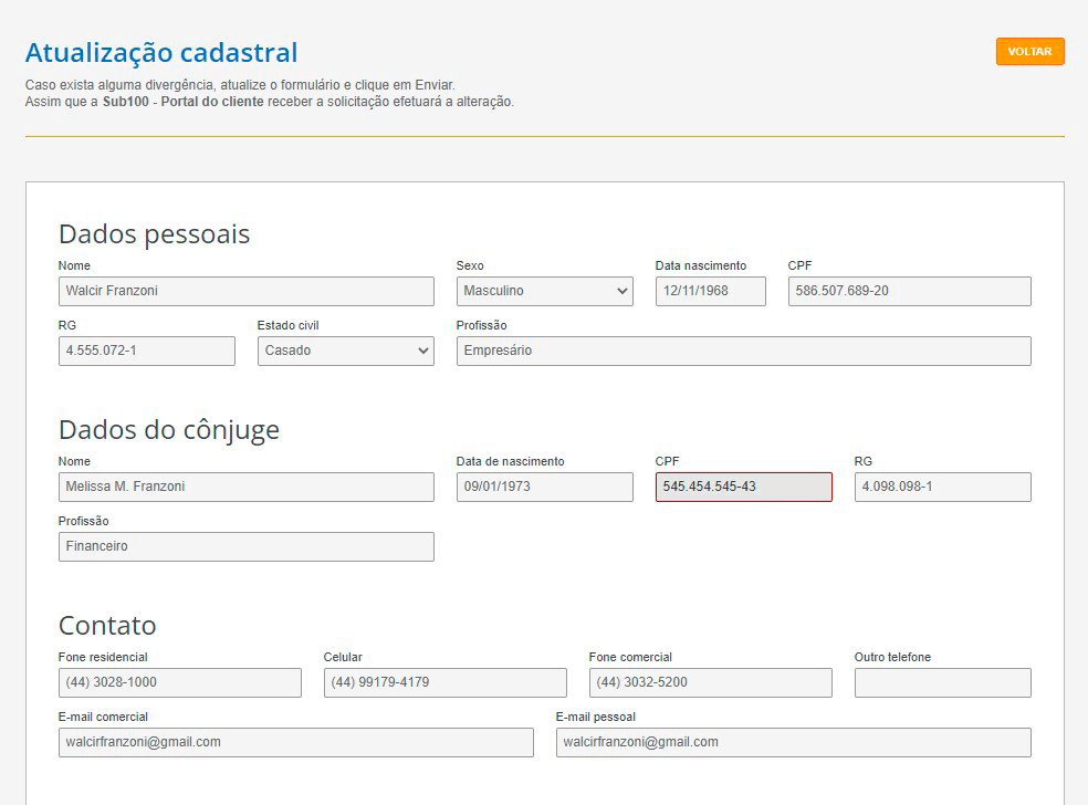 Tela: Atualização Cadastral Tela: Atualização Cadastral