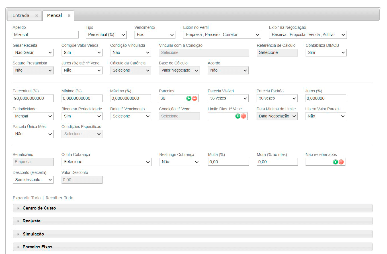 Tela: Tabela de preço Tela: Tabela de preço